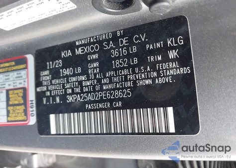 2023 Kia Rio 5-Door S z USA, uszkodzony, nr VIN 3KPA25AD2PE628625